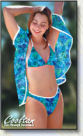 No more bikini tan lines with Cooltan tan through swimwear. Works like a medium level sunscreen. Click here to see close-up of this tan-through fabric color..